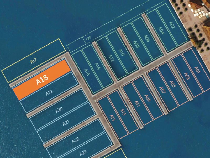 Map of marina section CH18 highlighting dock A18 in orange among labeled berths.
