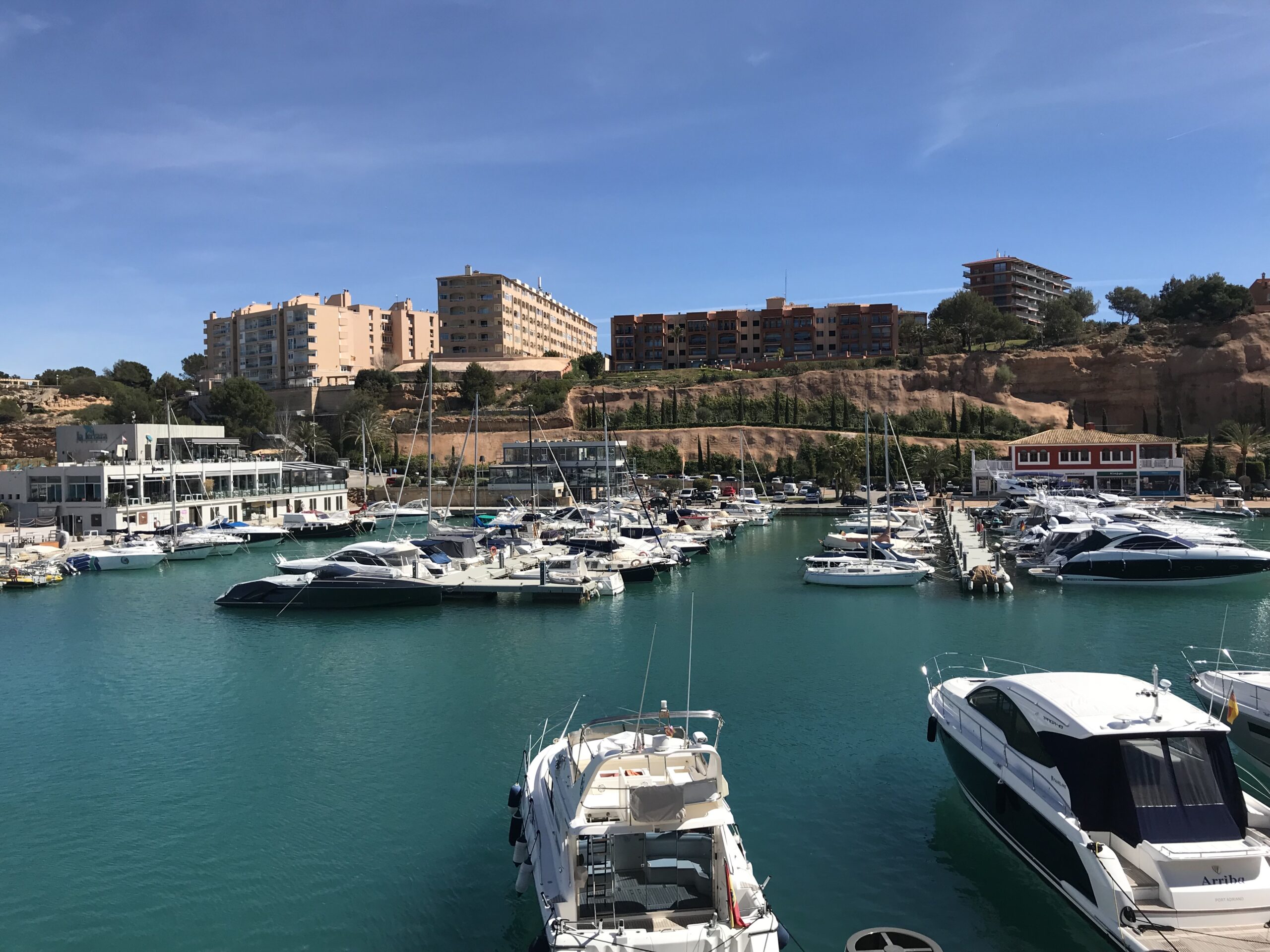 A sunny marina filled with yachts and boats, with seaside buildings and cliffs in the background.