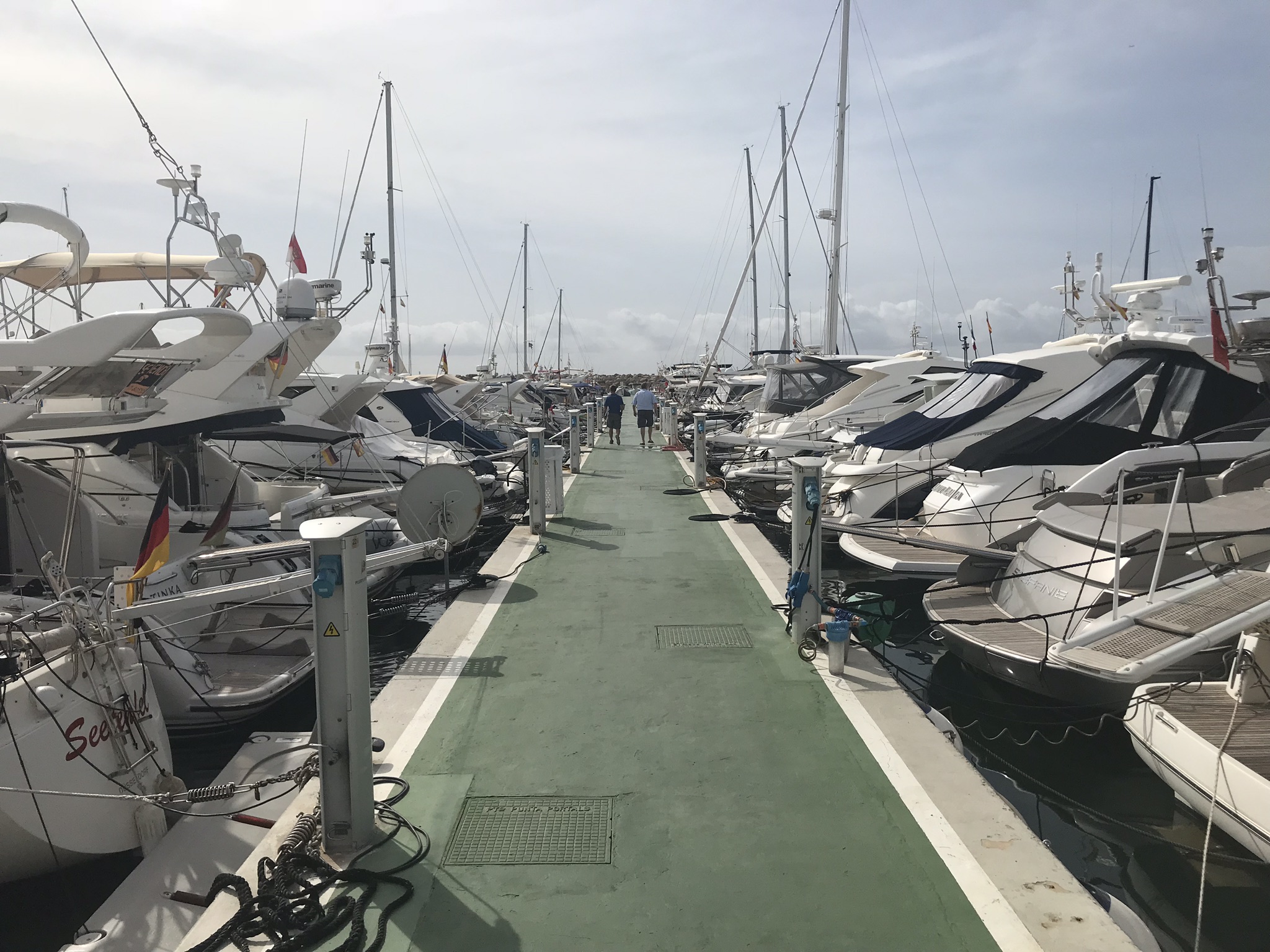 A row of luxury yachts docked along a marina pier under a cloudy sky.