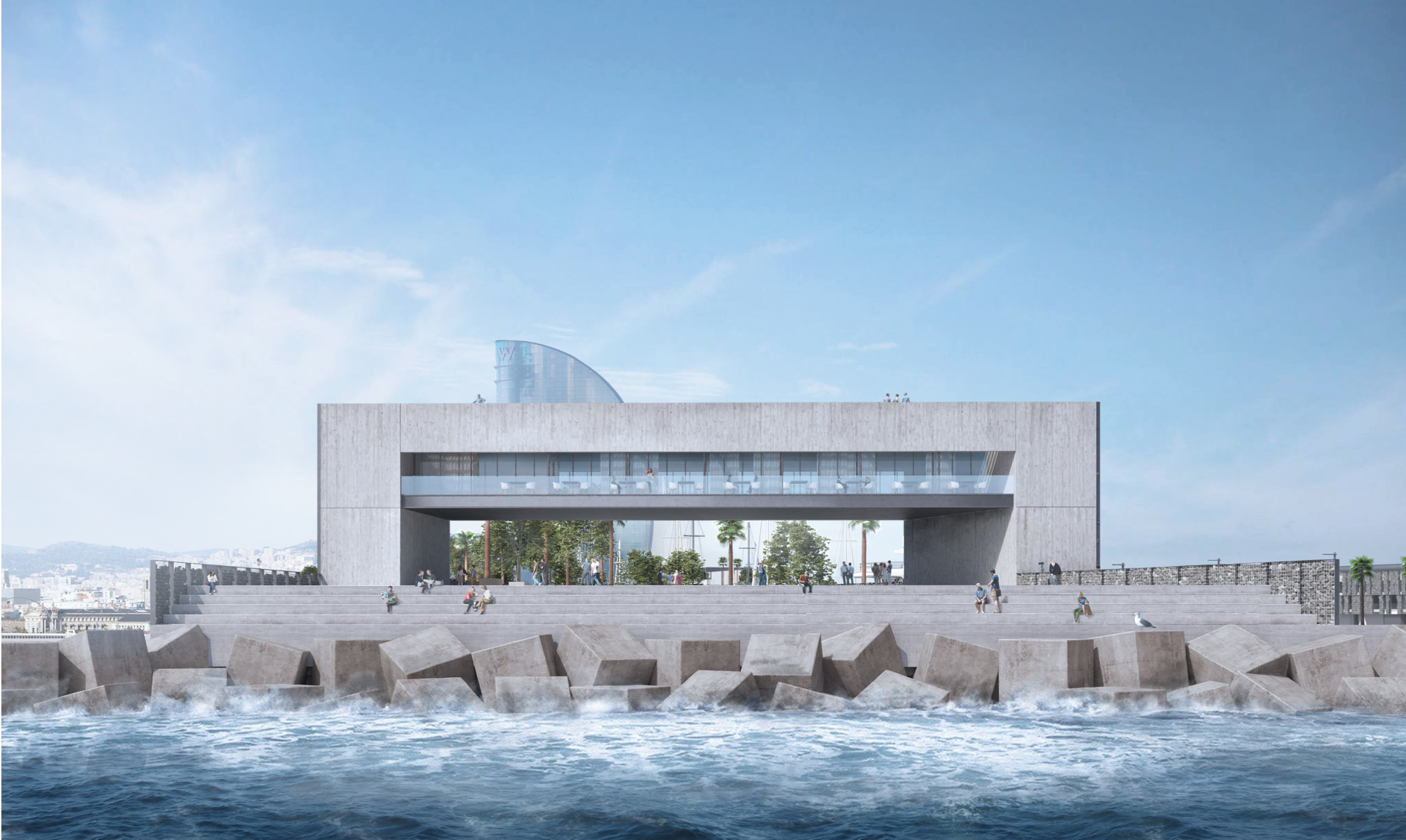 Modern concrete waterfront building MV4 with large steps and people sitting by the sea.
