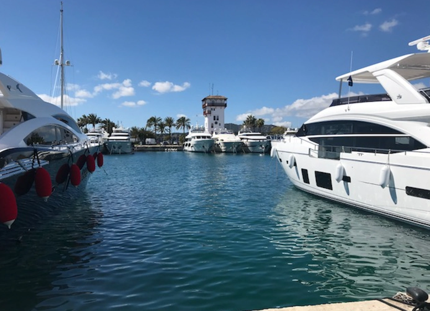 Luxury yachts docked in the sunny Portals Nous marina with a control tower and palm trees in the background.