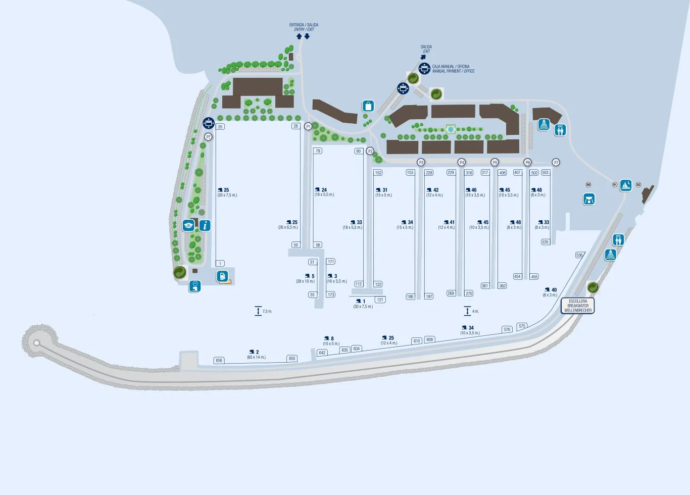 Map showing the layout of the Mapok marina with docks, boat slips, buildings, and labeled amenities.