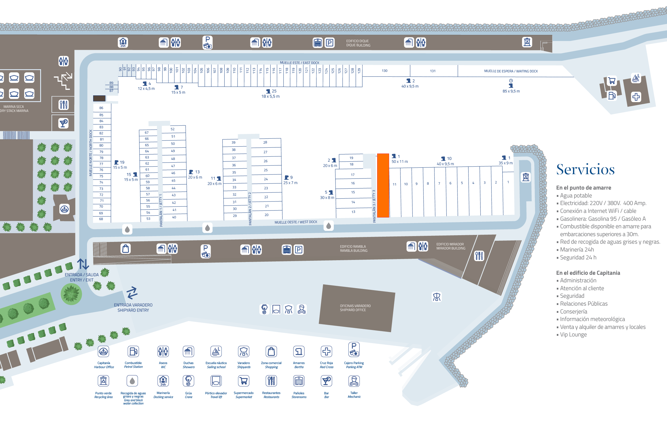 Map of a marina layout showing dock numbers, berths, services, and key facilities for boats and visitors.