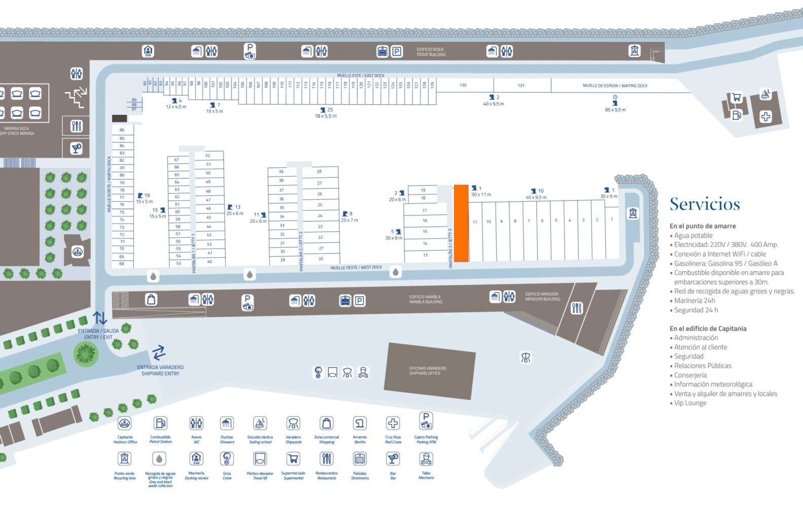 Map of a marina layout displaying docks, services, and facilities such as parking, the harbor office, and a shipyard entry.