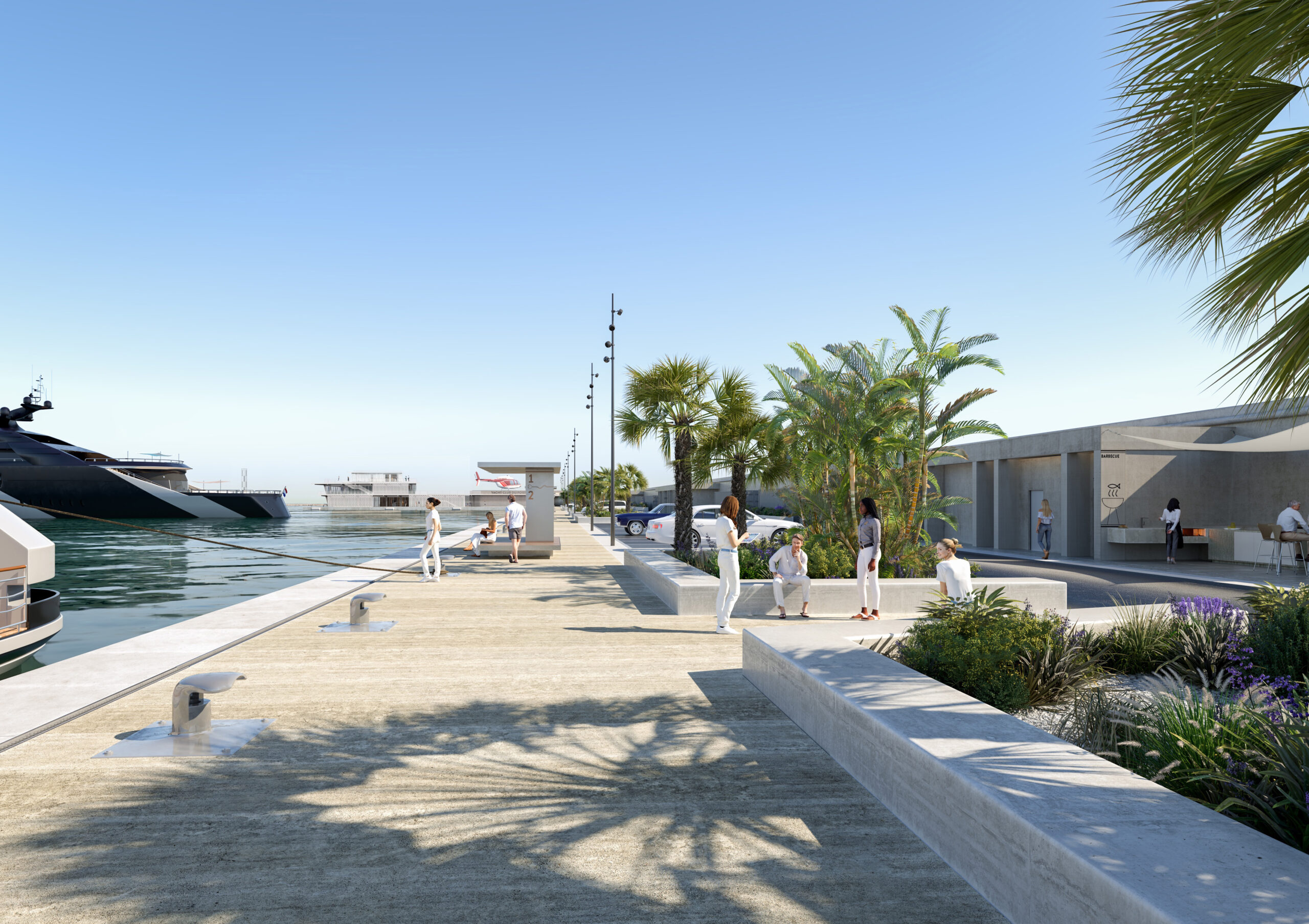Modern marina promenade at Quai Grande Plaisance with people relaxing near luxury yachts and contemporary buildings surrounded by palm trees.