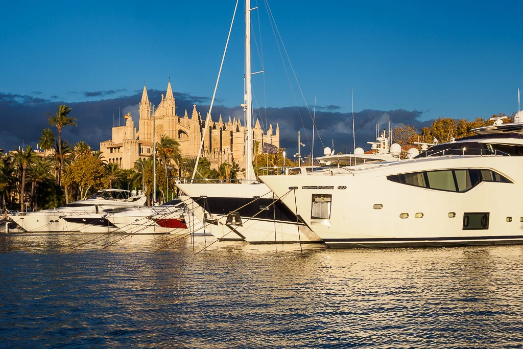 Luxury yachts moored in a marina with the historic La Seu Cathedral of Palma de Mallorca in the background.