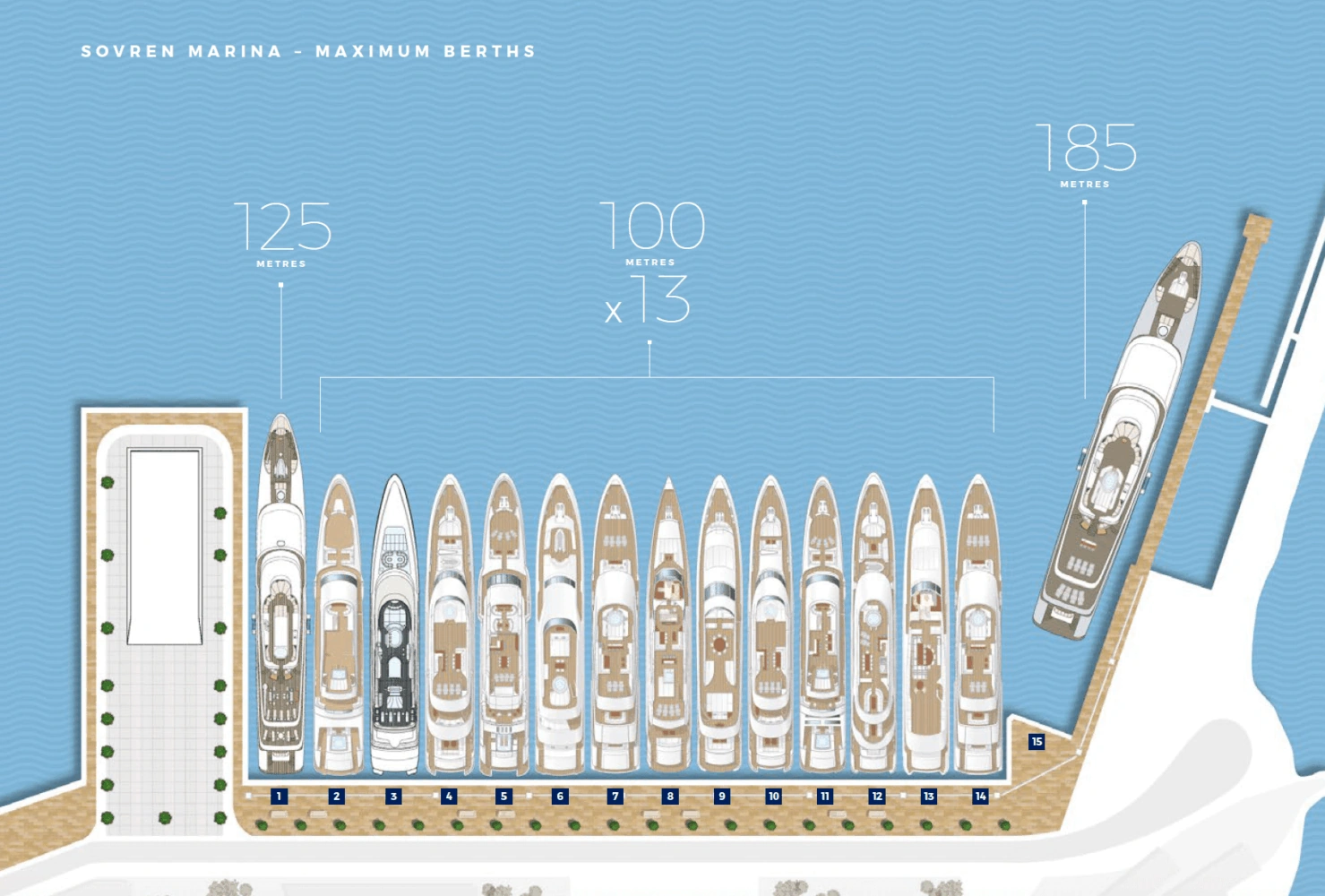 Map of the IGY Ibiza Marina showing yacht berths with various lengths indicated.