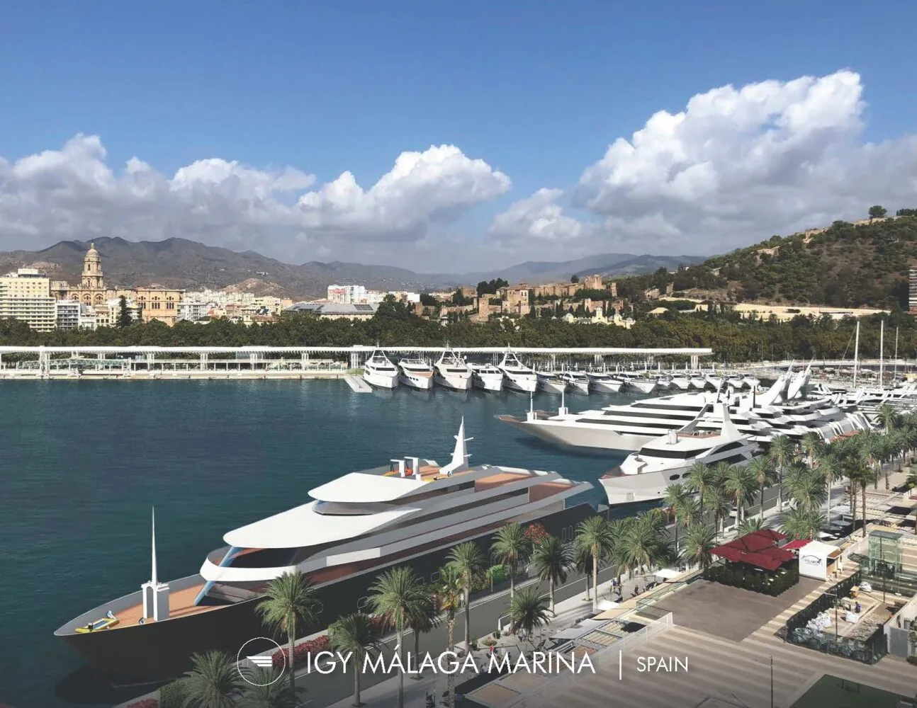 Rendering of IGY Malaga Marina in Spain featuring luxury yachts docked along a modern waterfront with a city and mountain backdrop.