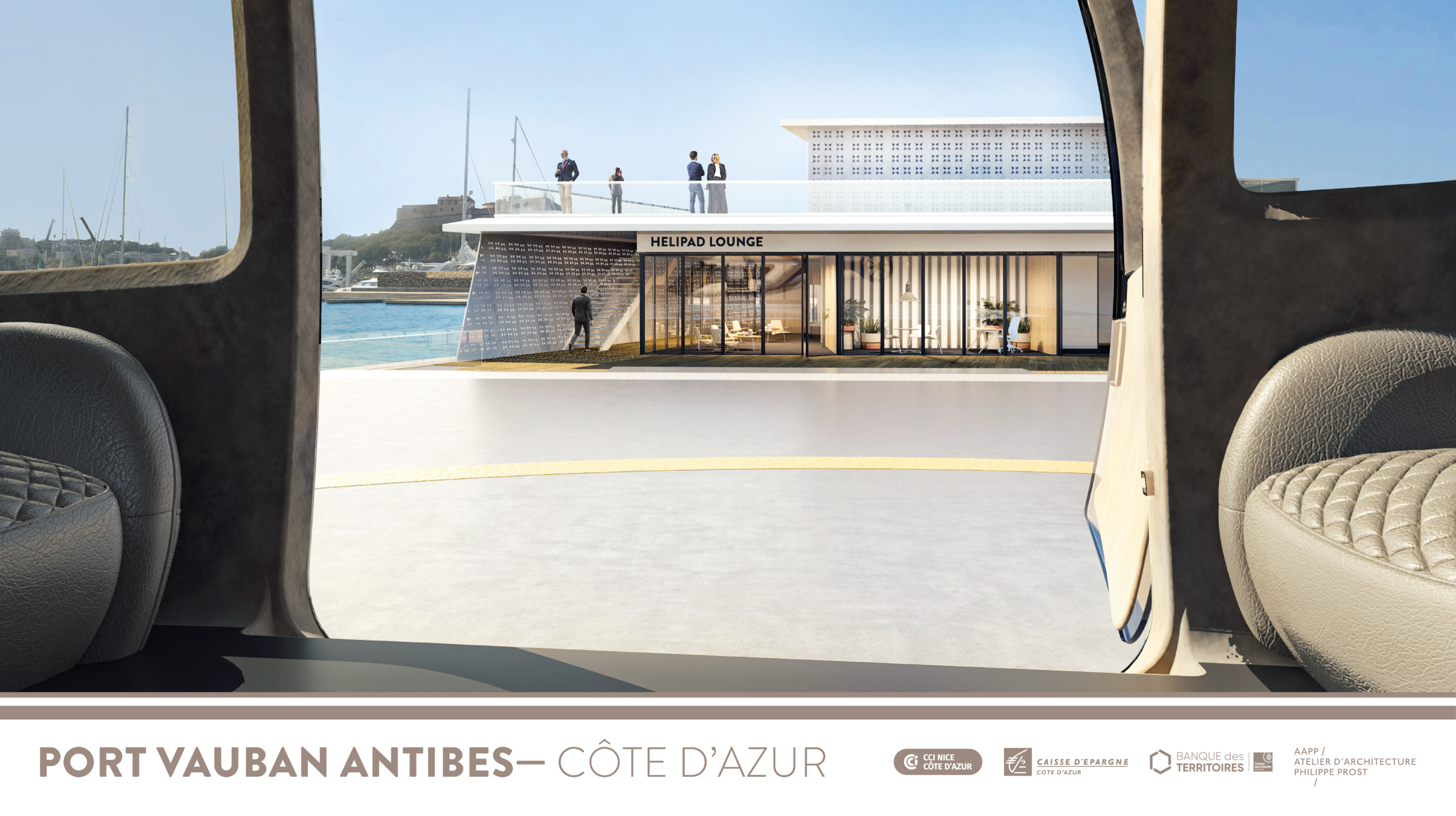 View from inside a helicopter of the modern Helipad Lounge at Port Vauban in Antibes, Côte d’Azur, with yachts and Fort Carré in the background.