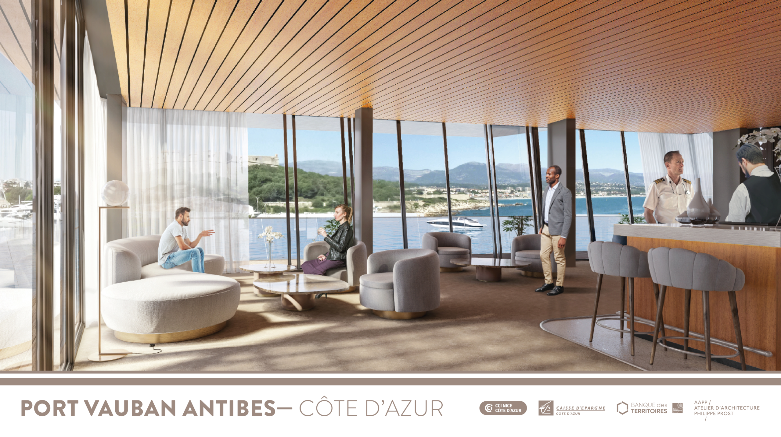 Modern lounge interior at Port Vauban Antibes with people relaxing and a scenic view of the Côte d’Azur through large windows.