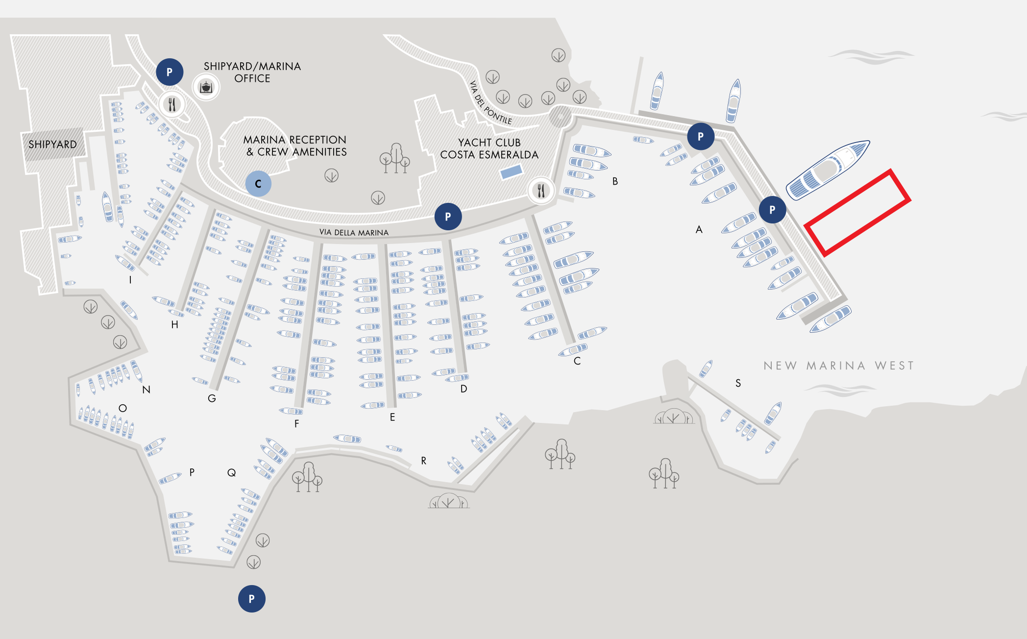 Map of Port Cervo Marina showing docked boats, pier sections labeled A to S, and key locations including the Yacht Club Costa Esmeralda and marina offices.