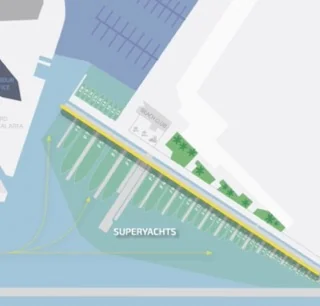 Map of the Port Forum showing the marina layout with superyacht berths and nearby facilities like the beach club.