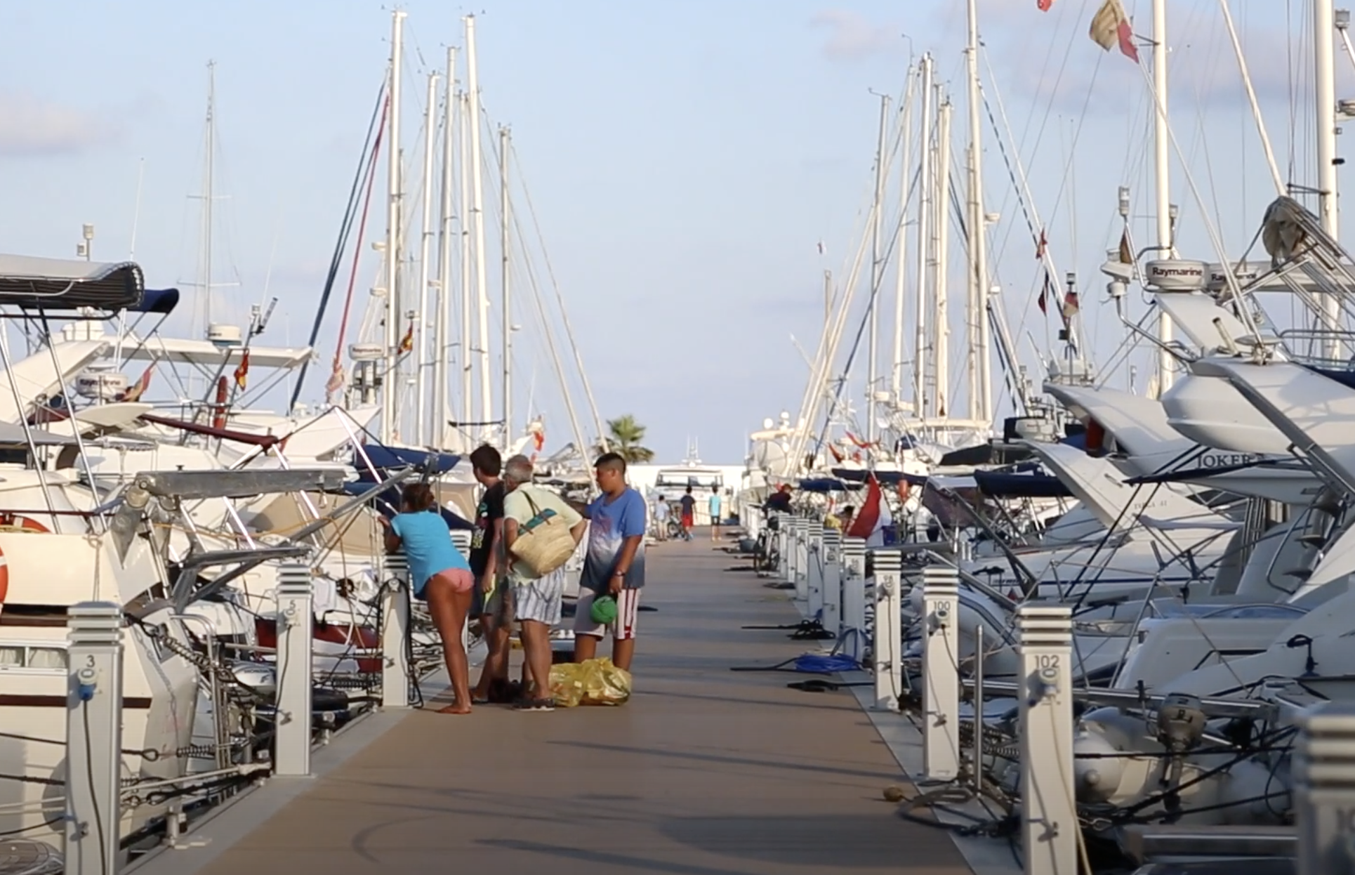 People standing on a marina dock surrounded by moored sailboats and yachts on a sunny day.