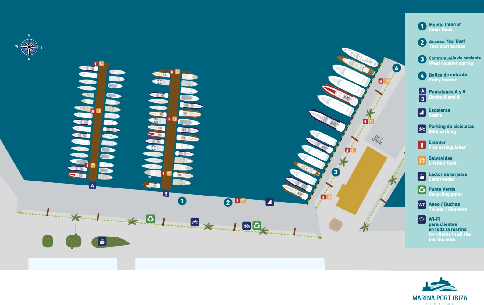 Karte des Yachthafens Port Ibiza mit Bootsanlegestellen, Einrichtungen und Servicepunkten wie Toiletten, Fahrradabstellplätzen und Wi-Fi-Zonen.