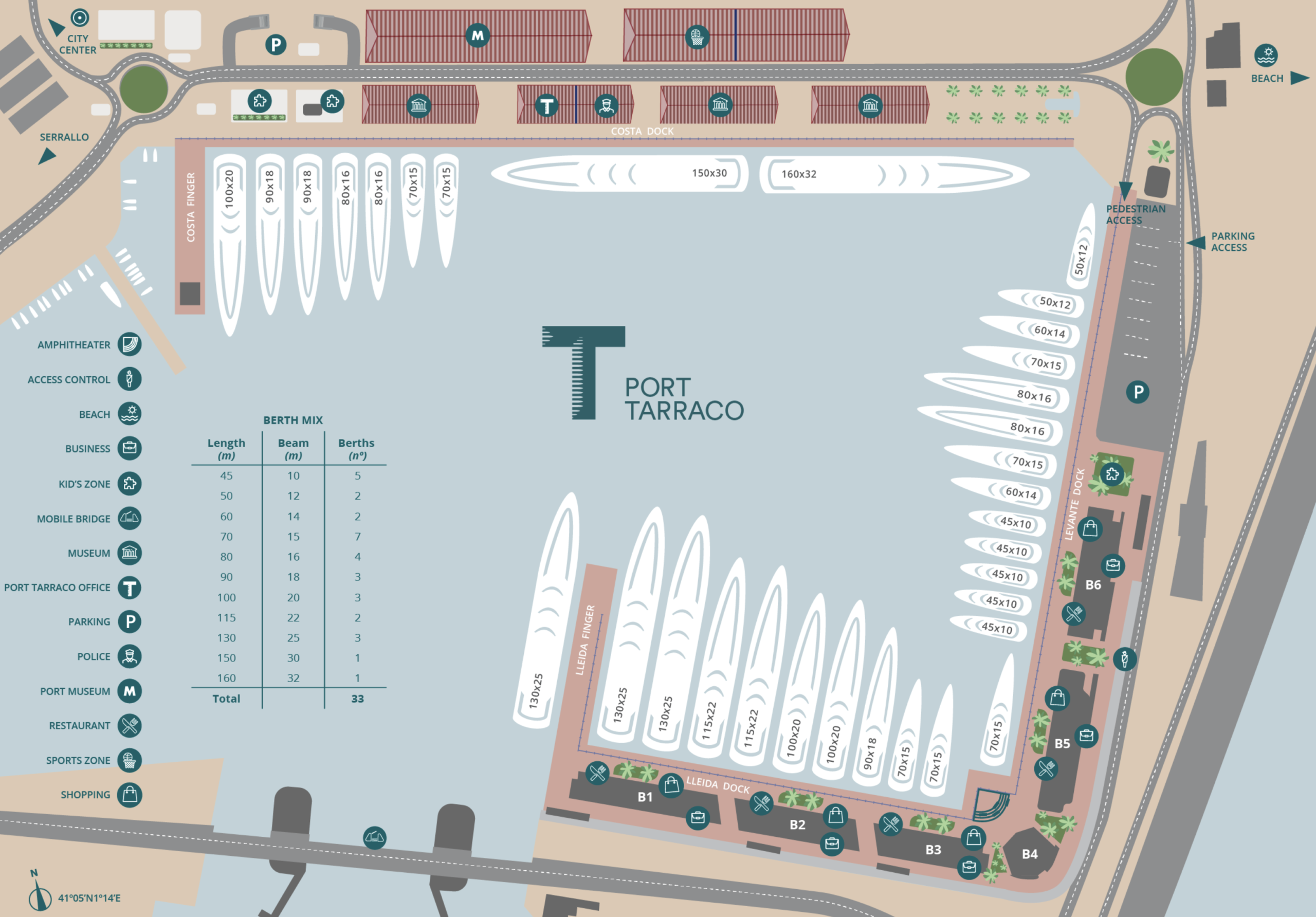 Map of Port Tarraco showing berth sizes, dock areas, and surrounding amenities including parking, restaurants, and access points.