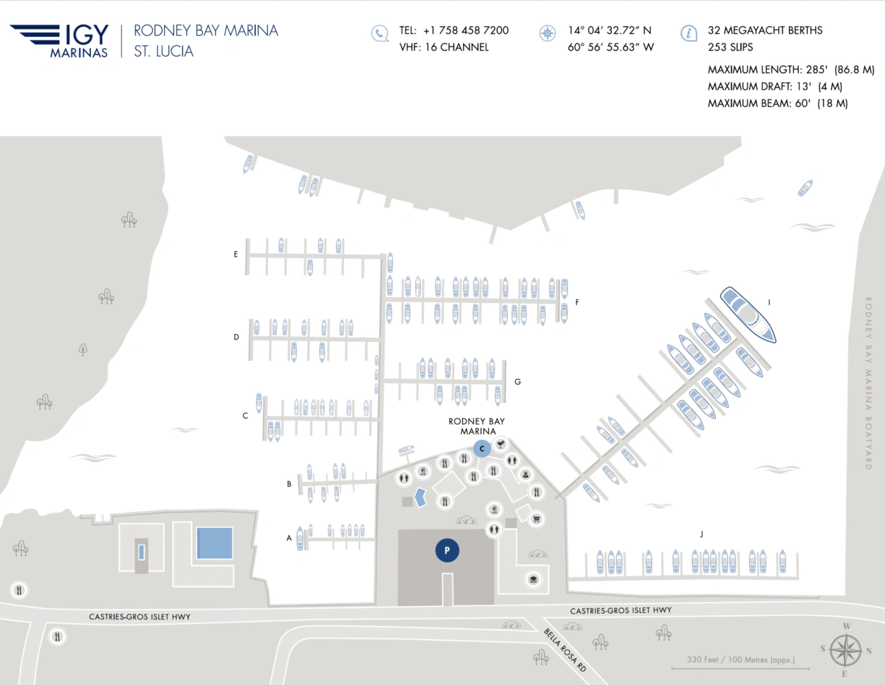 Map of Rodney Bay Marina in St. Lucia showing docked boats, labeled piers, facilities, and parking areas.
