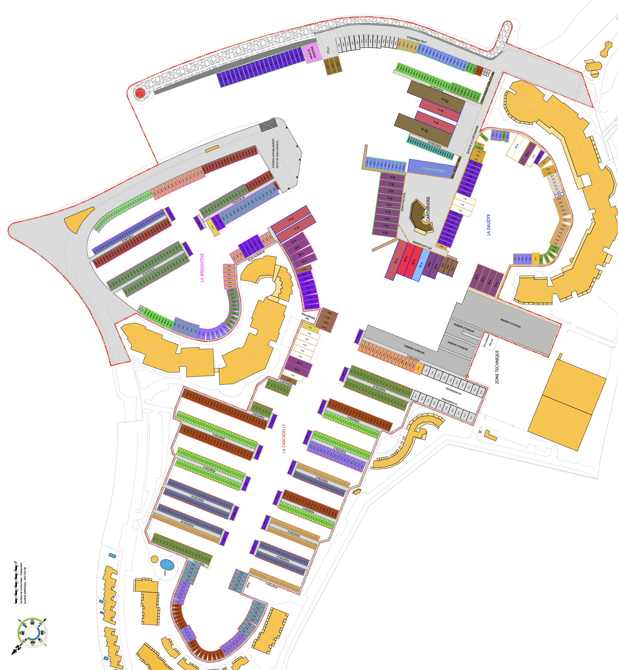 Color-coded site map of a market or trade area labeled "La Calmette," showing various zones, buildings, and designated stalls.