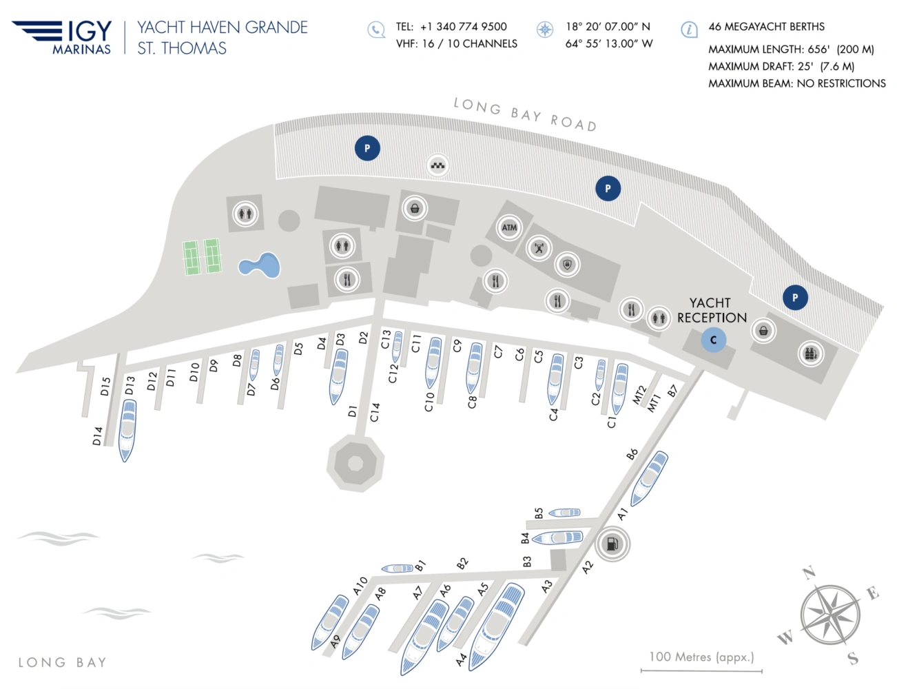 Map of IGY Marinas Yacht Haven Grande in St. Thomas, showing yacht berths, amenities, and the reception area.