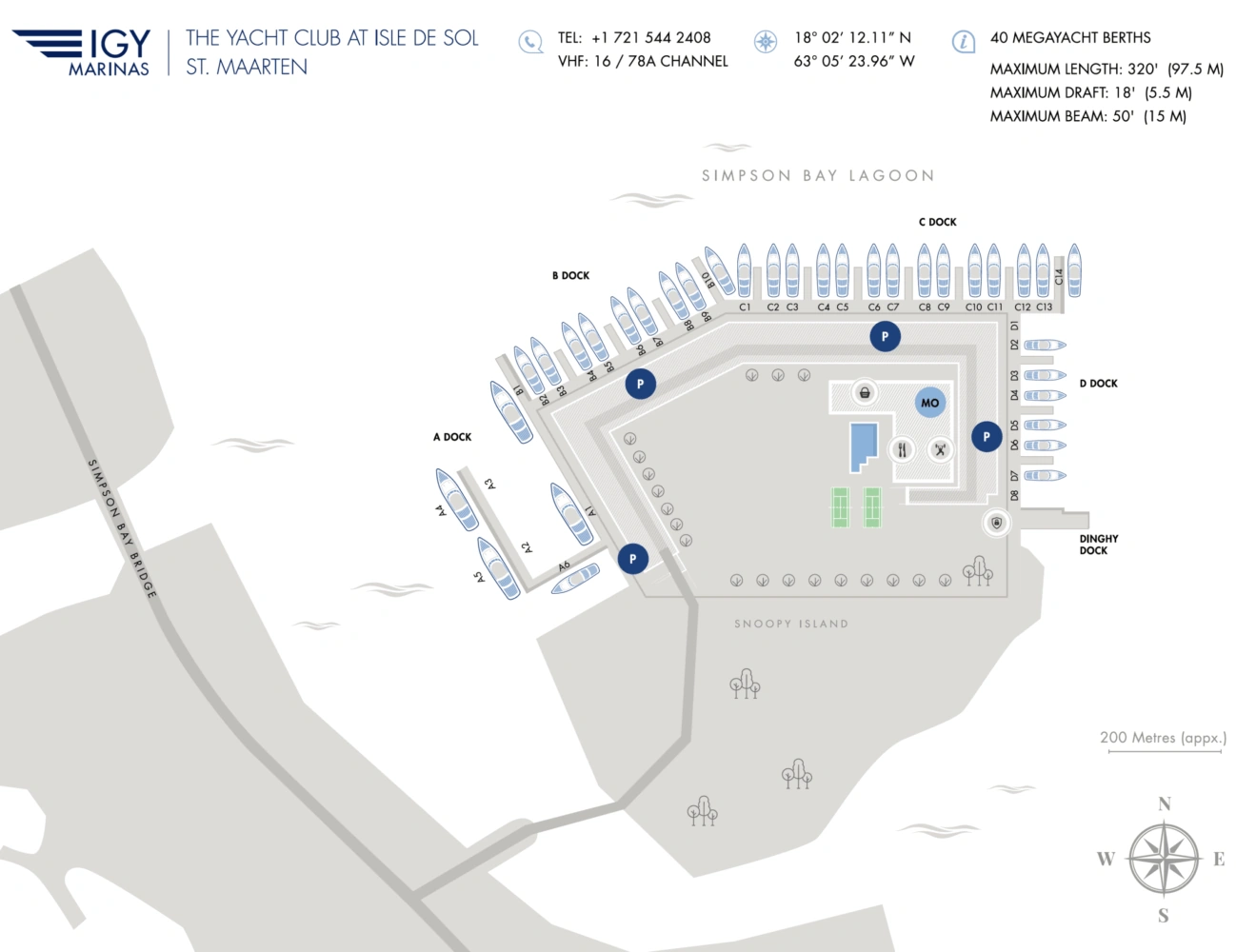 Map of The Yacht Club at Isle de Sol in St. Maarten showing megayacht docks, amenities, and nearby Simpson Bay Bridge.