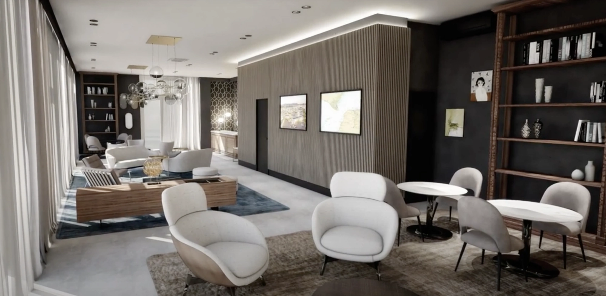 Modern lounge with elegant seating areas, bookshelves, and large windows with sheer curtains.