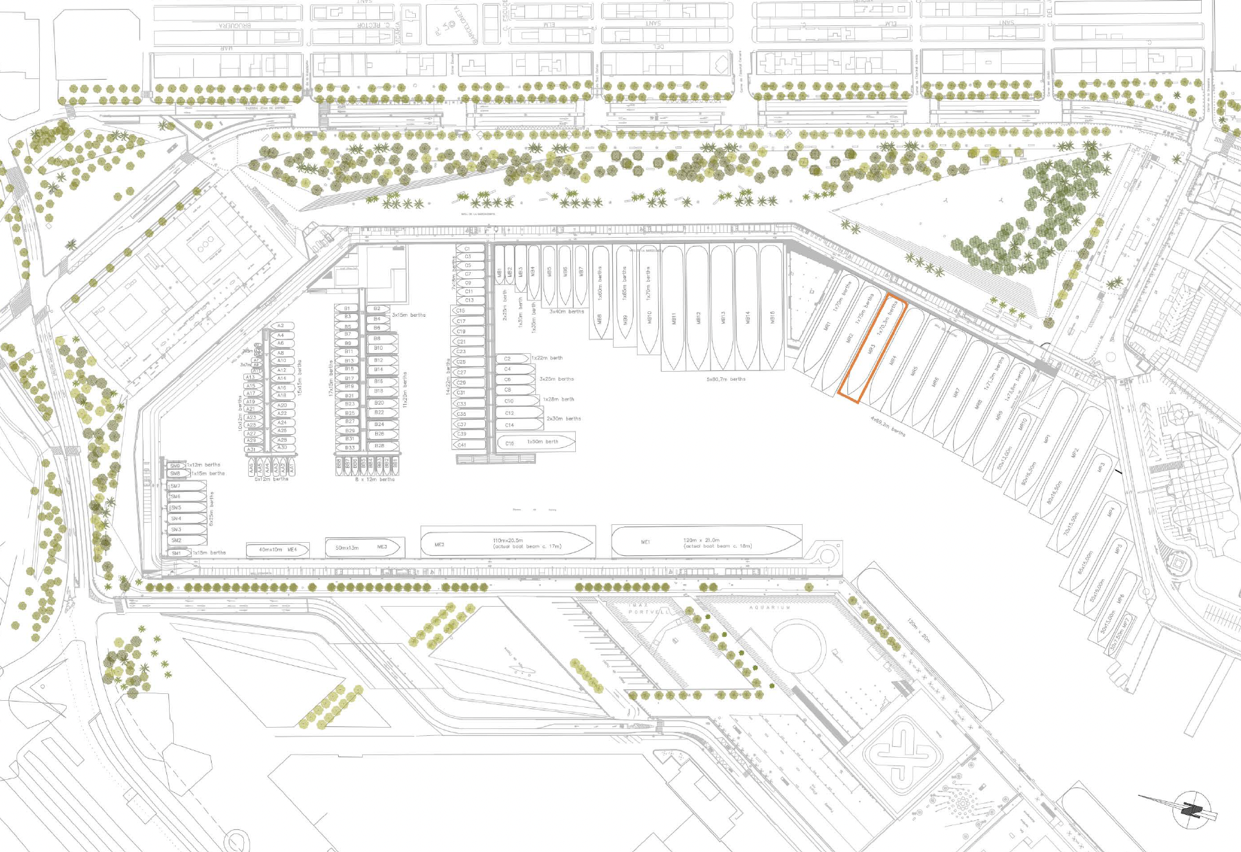 Architectural site plan of a marina with yacht berths and an orange-highlighted section labeled "Screenshot 2023-04-13 at 13.14.39."