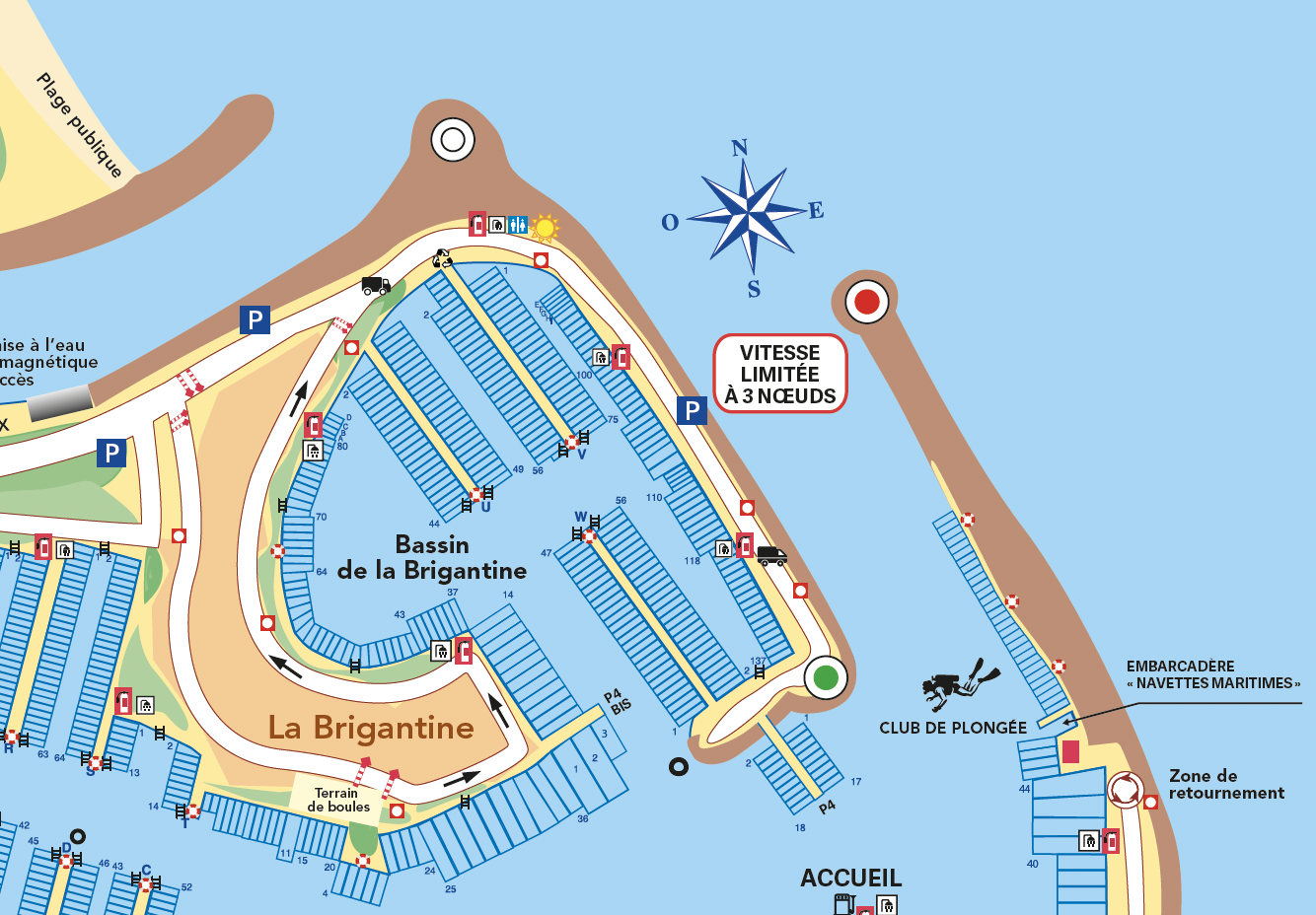 Map of the Brigantine marina showing boat slips, parking areas, access roads, and nearby facilities.
