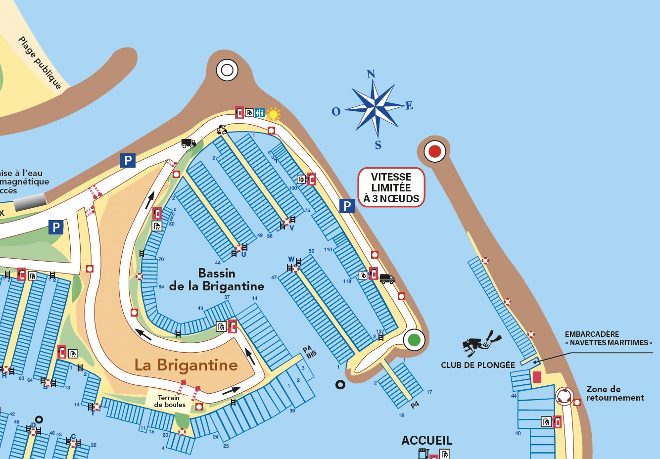 Map of the "Bassin de la Brigantine" marina showing boat docking areas, parking, and facilities, with a speed limit of 3 knots indicated.