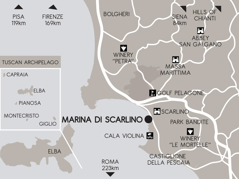 Map showing the Marina di Scarlino area in Tuscany, Italy, with nearby towns, wineries, and tourist destinations.