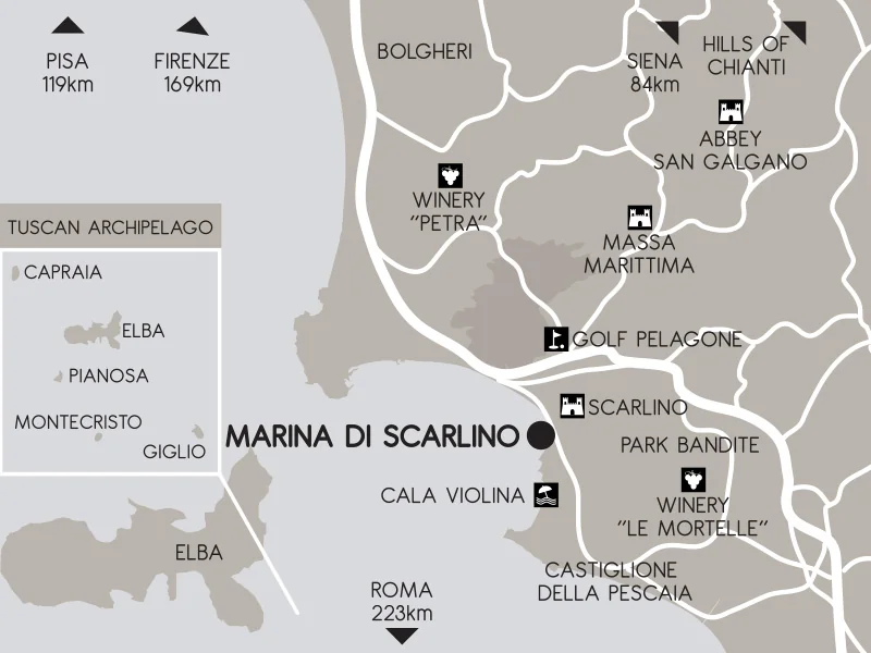 Map showing the Marina di Scarlino area in Tuscany, Italy, with nearby towns, wineries, and tourist destinations.