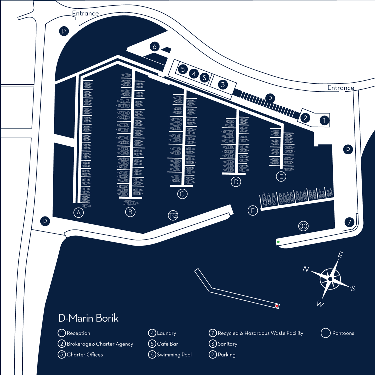 Map of D-Marin Borik marina showing berths, pontoons, facilities, and service areas.