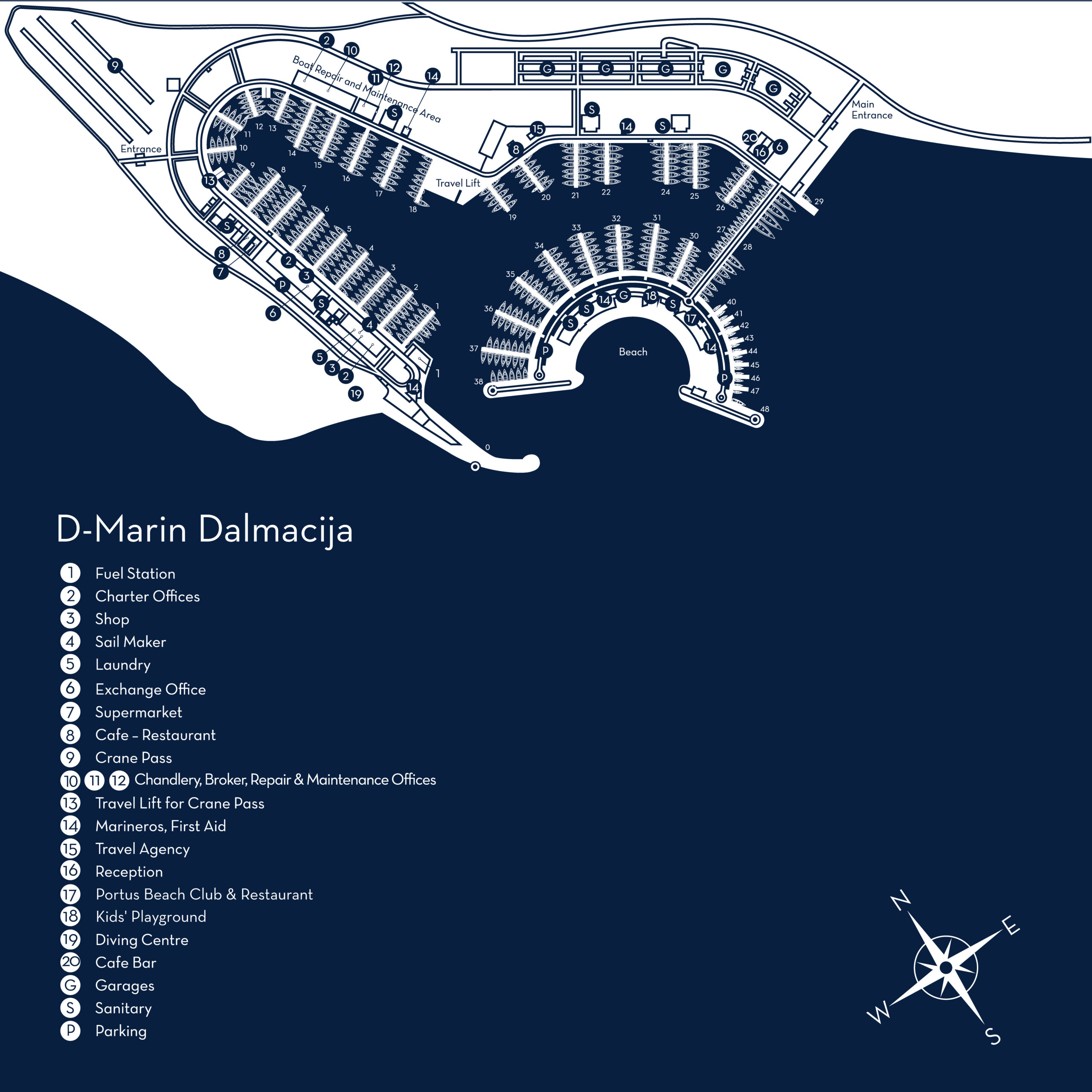 Map showing the layout and facilities of D-Marin Dalmacija marina, including docks, services, and key locations.