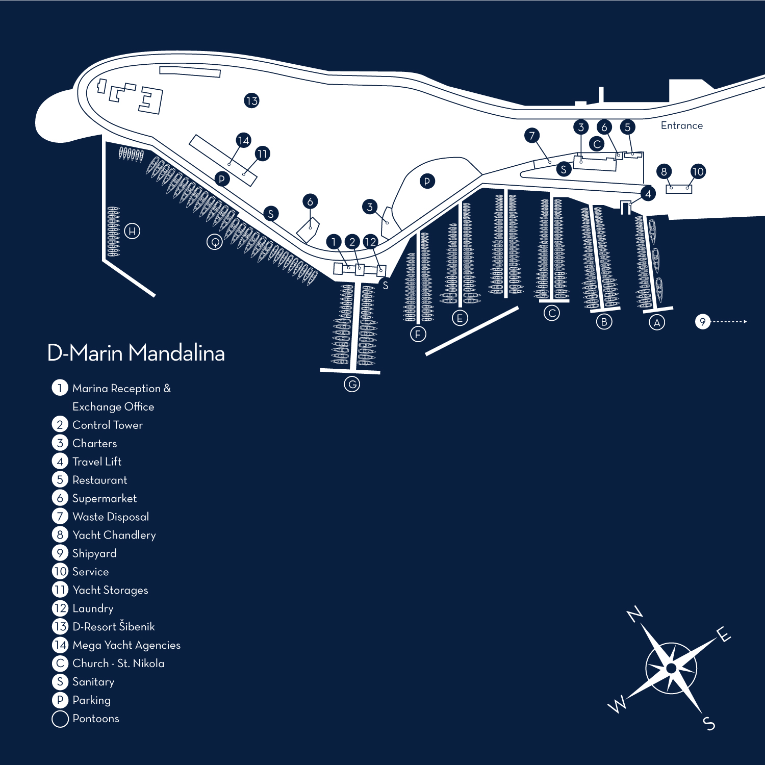 Map of D-Marin Mandalina showing marina facilities, yacht berths, and service points.