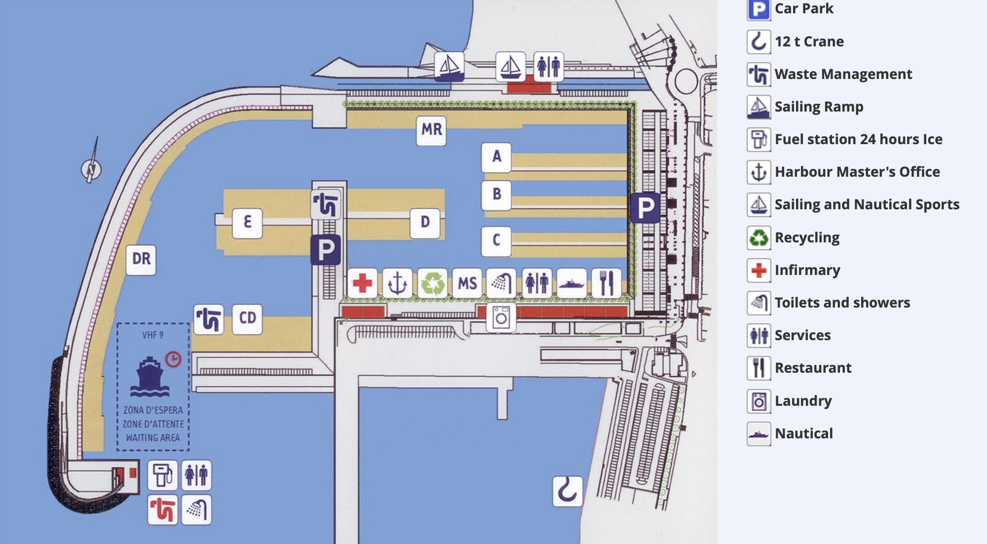 Map of a marina showing dock areas, services, and facilities such as parking, infirmary, recycling, toilets, and nautical sports zones.