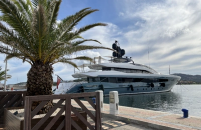 A luxury yacht docked at a harbor with a palm tree in the foreground under a partly cloudy sky.