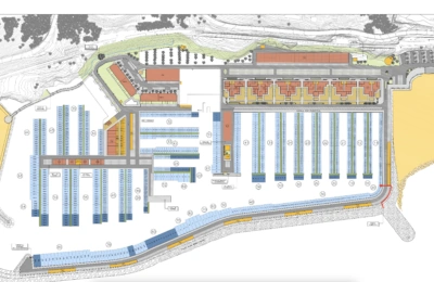 Ein Lageplan eines Yachthafens, auf dem verschiedene Anlegestellen, Gebäude und Zufahrtsstraßen dargestellt sind.