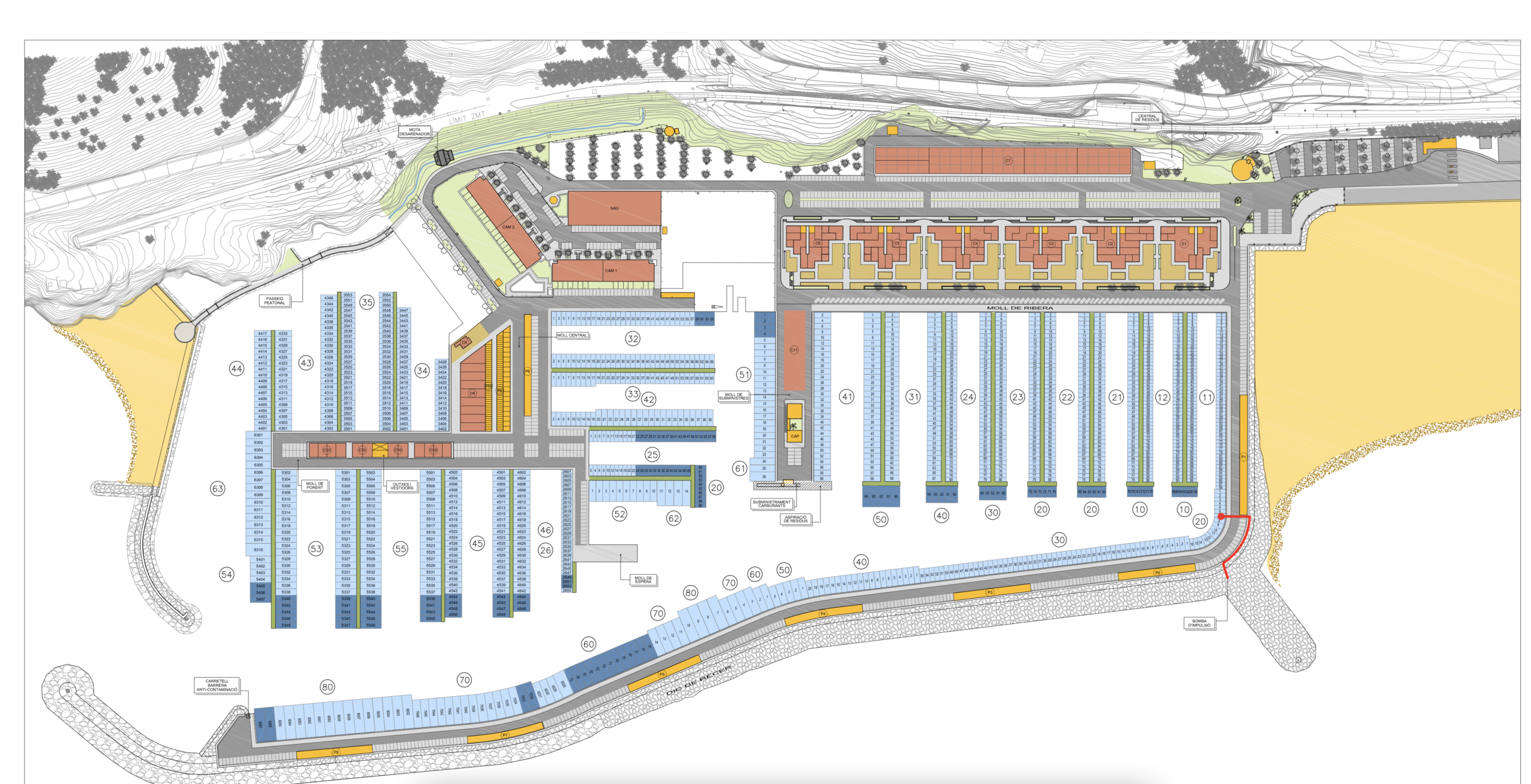 Detailed site plan of a marina complex with labeled docks, buildings, roads, and surrounding landscape elements.