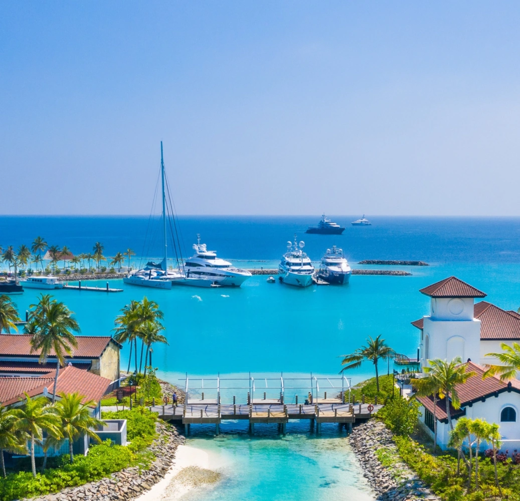 A view of a tropical marina with several luxury yachts anchored in clear blue waters, surrounded by palm trees and a quaint building with a red-tiled roof.