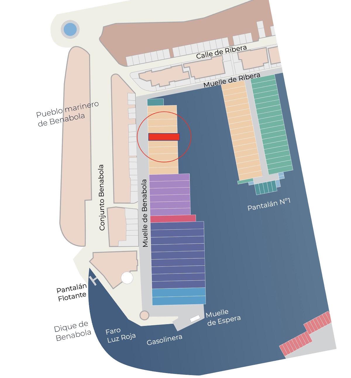 Map indicating the location of PO! within the Benabola marina area, highlighted by a red circle.