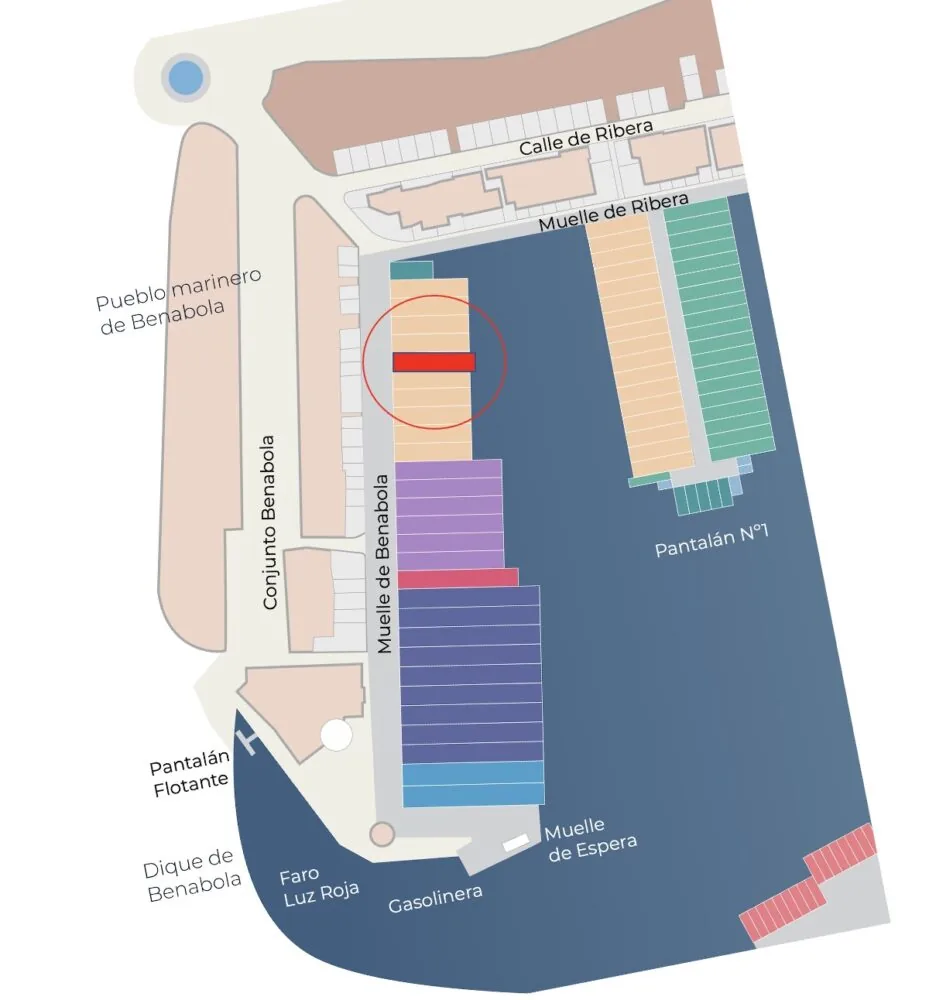 Map of the Benabola Marina showing docks and surrounding streets with colored sections and labels.