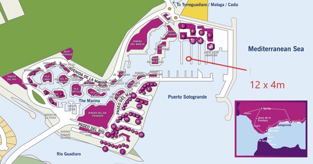 Map of Puerto Sotogrande marina showing residential areas, mooring locations, and access to the Mediterranean Sea with a marked 12 x 4m boat berth.
