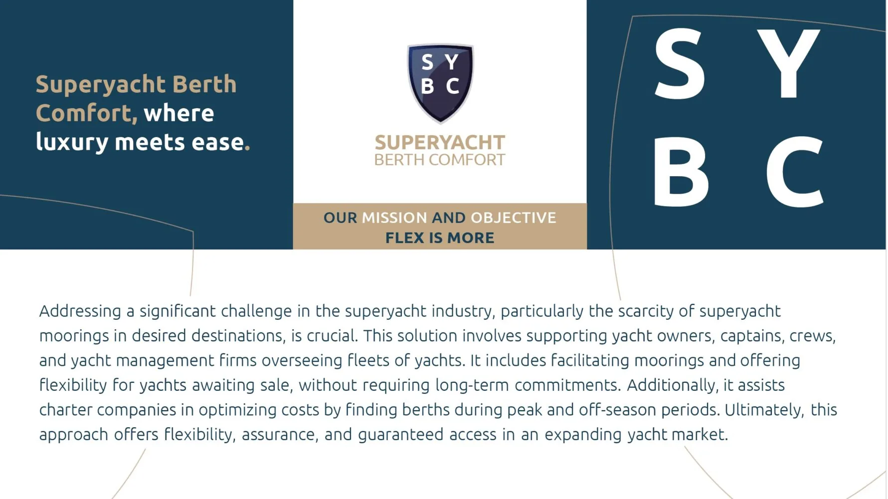Promotional graphic for Superyacht Berth Comfort highlighting their flexible yacht mooring services.