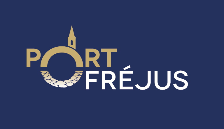 Logo of Port Fréjus with stylized gold and white text and an arch incorporating a church tower and stone pattern.