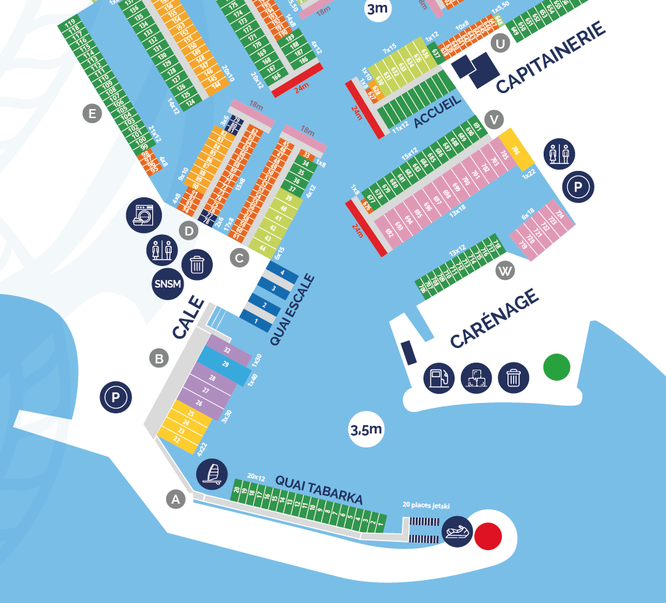 Map of a marina showing docks, boat slips, and facilities such as parking, restrooms, fuel station, and the capitainerie.