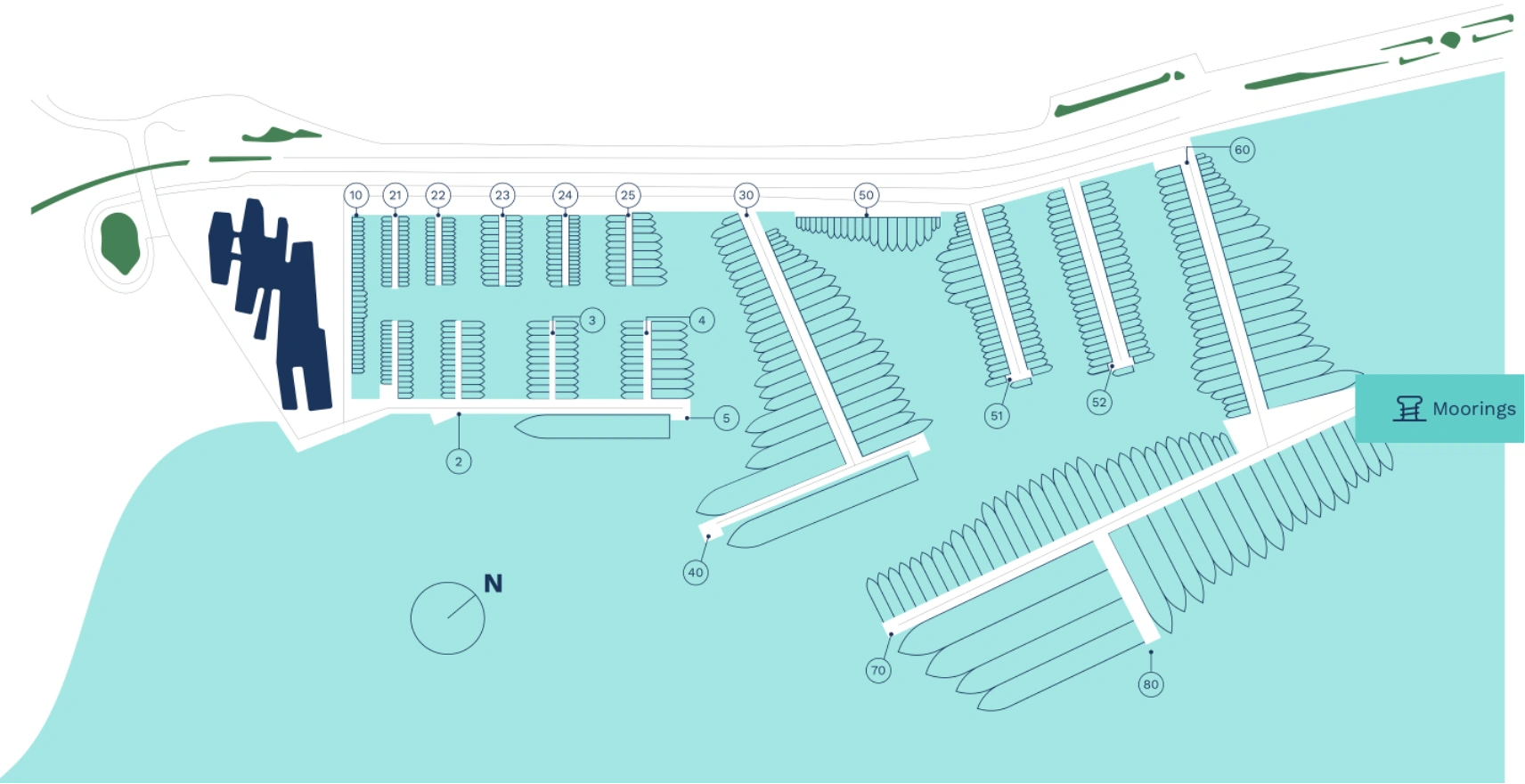 Map of a marina with numbered docking areas and moorings labeled, depicting various piers and water access points.