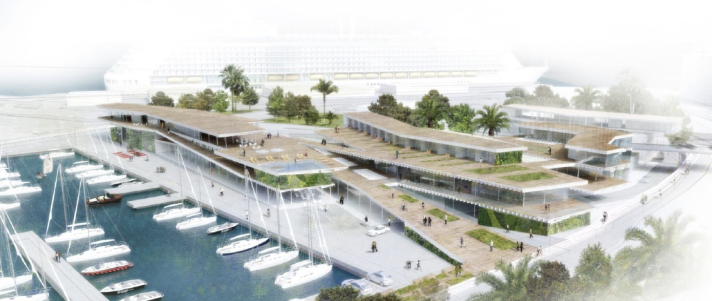 Modern waterfront architectural design with terraced green roofs, boats docked in a marina, and a large cruise ship in the background.