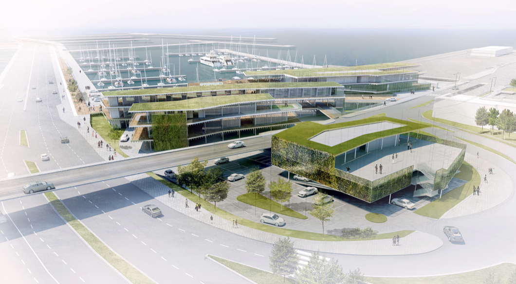 Architectural rendering of a modern waterfront development with green rooftops, marina, and multi-level buildings.