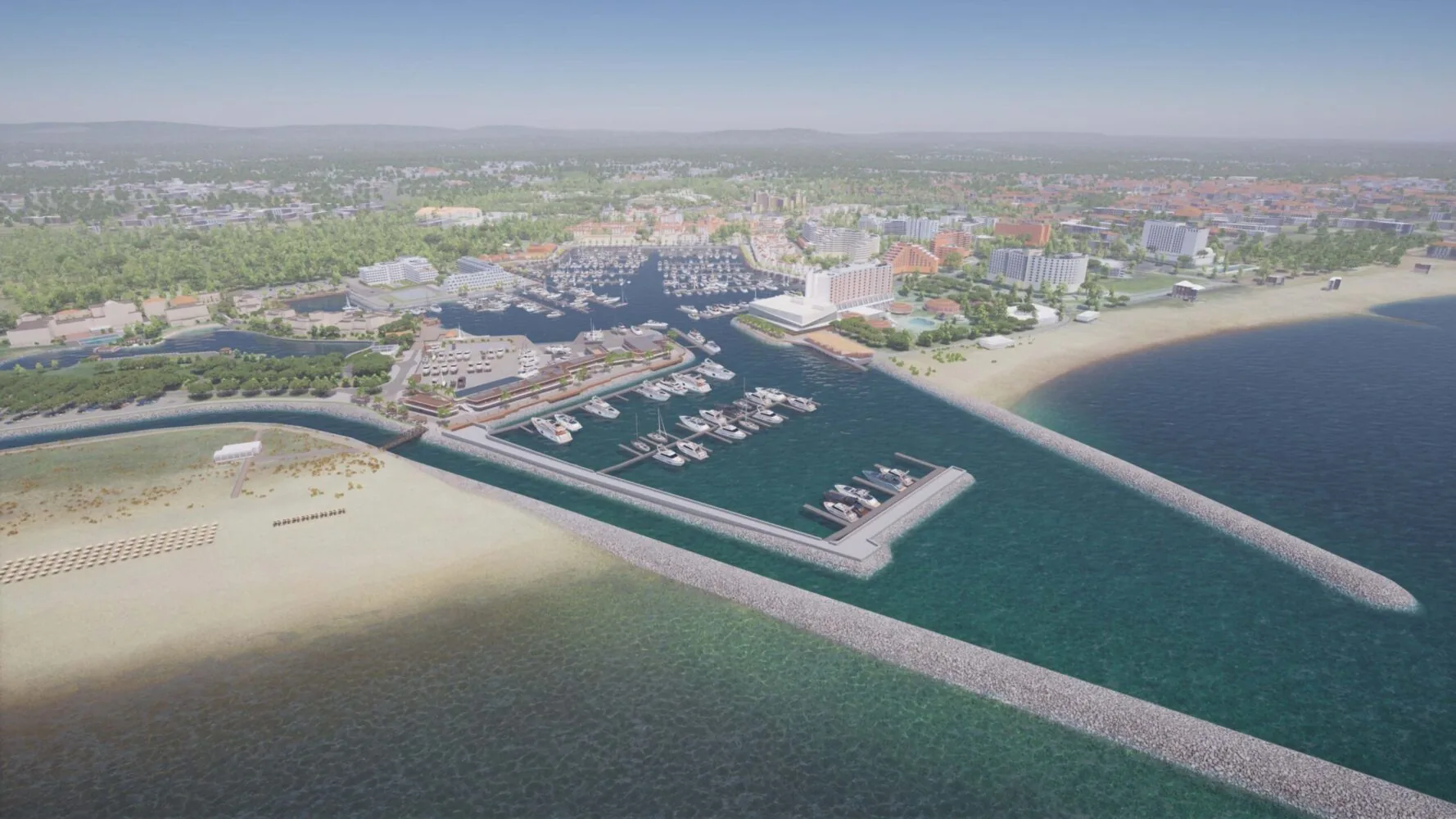 Aerial view of a marina with numerous boats docked, surrounded by a cityscape and green areas.