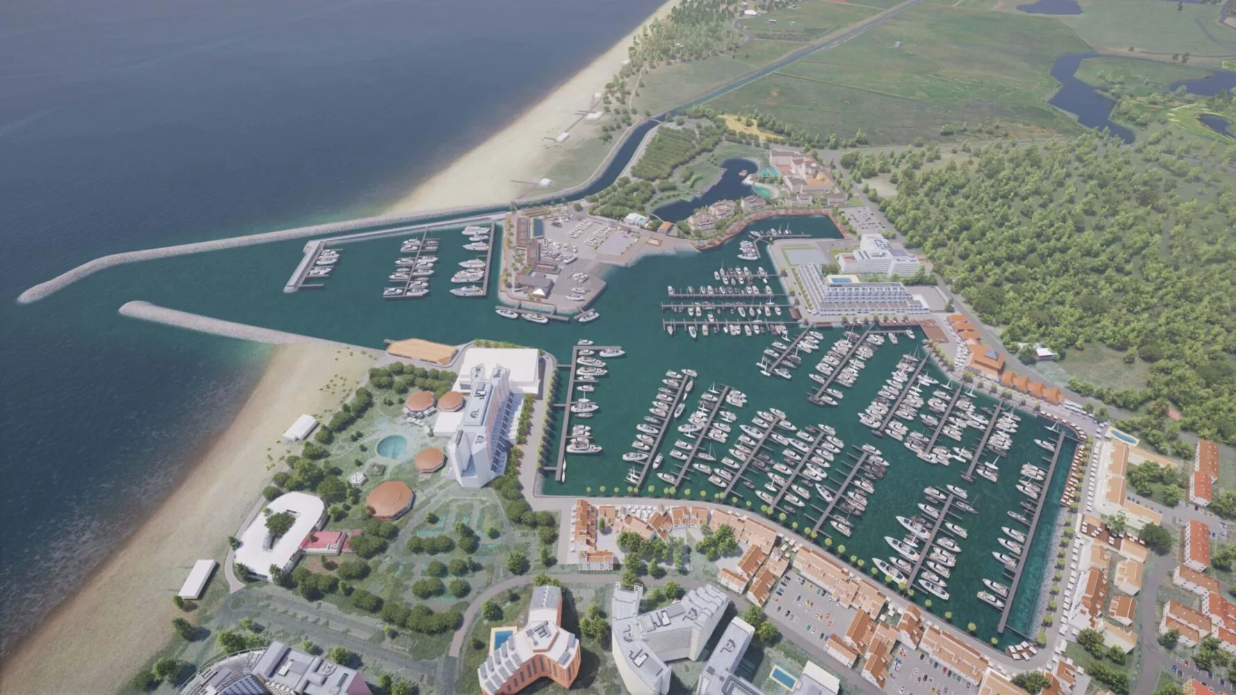 Aerial view of a large marina with numerous boats docked, surrounded by residential buildings, greenery, and a sandy beach.
