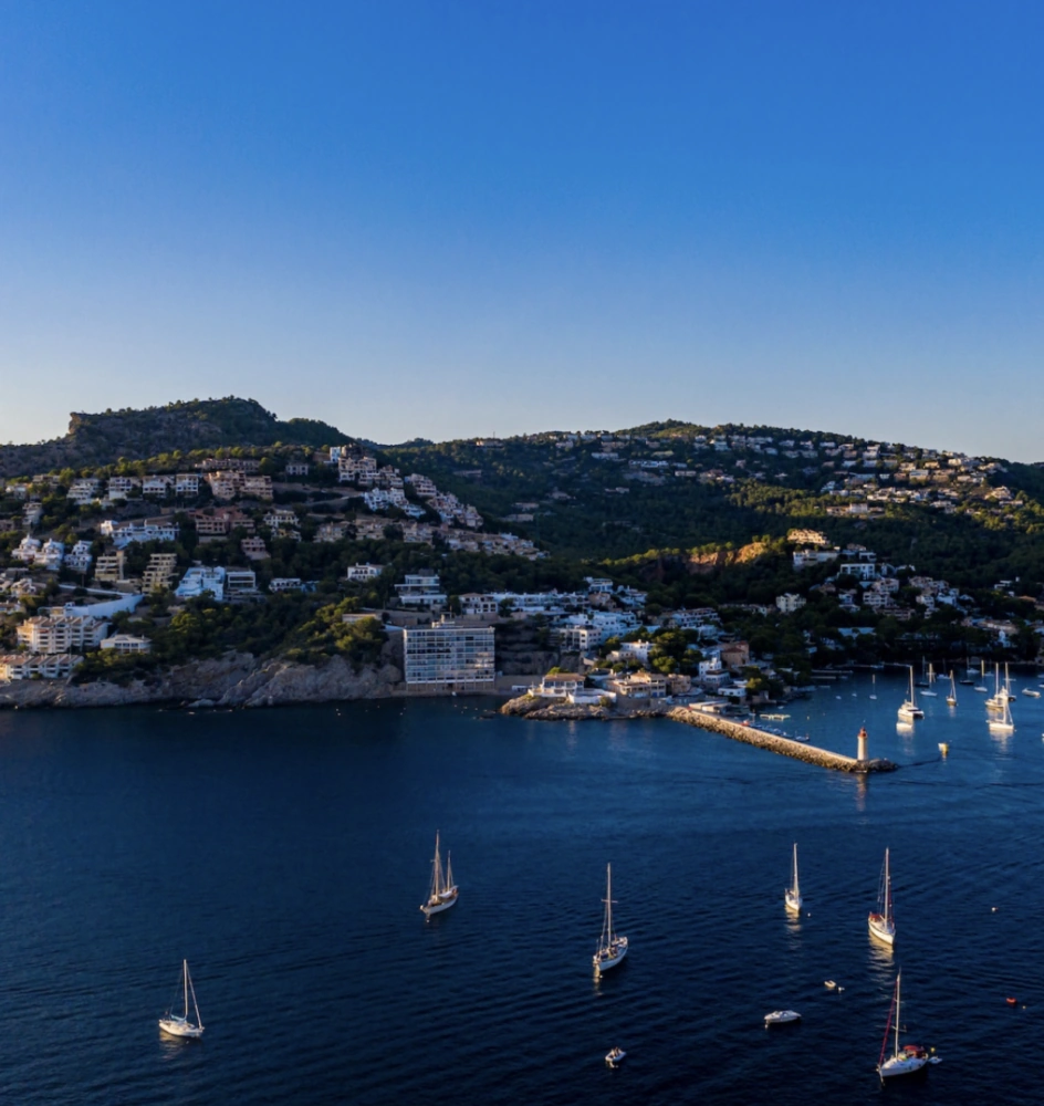 Aerial view of a picturesque coastal town with sailboats anchored in a serene bay, ideal for Direct Berth services.